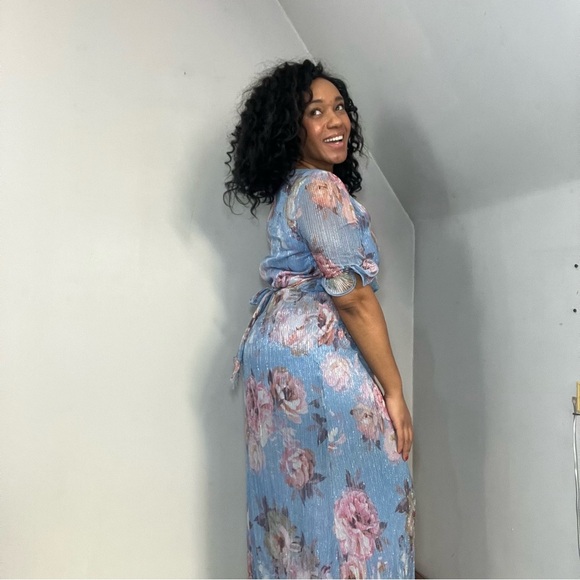 Adrianna Papell blue floral evening gown cocktail formal dress MOB black tie 12 - Picture 3 of 15